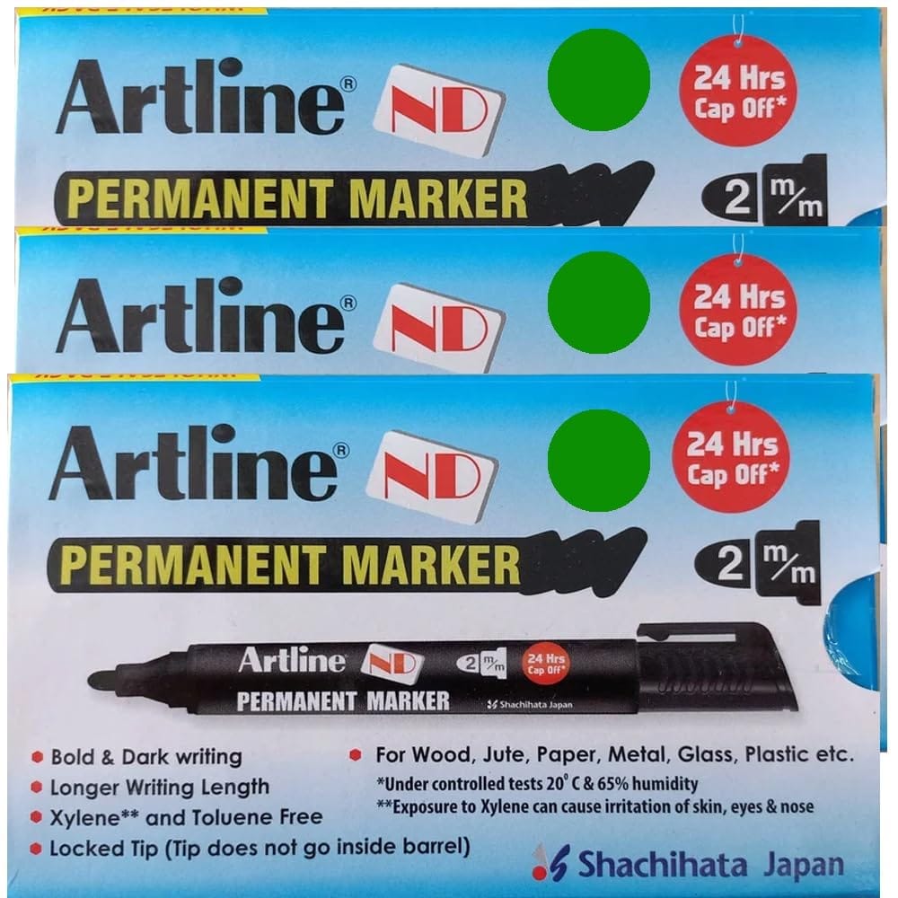 Artline ND Permanent Marker Pack of 10 (Green Colour) X 3 Packs | For Writing On Various Surfaces Such As Paper, Cardboard, Plastic, Metal, Glass, & More