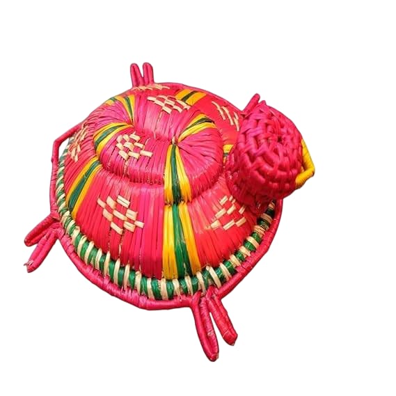 Handcrafted Turtle Design Sikki Grass Storage Box - Eco-Friendly Pink with Yellow and Green Patterns - Ideal for Organizing Small Items - Decorative Home Decor Piece