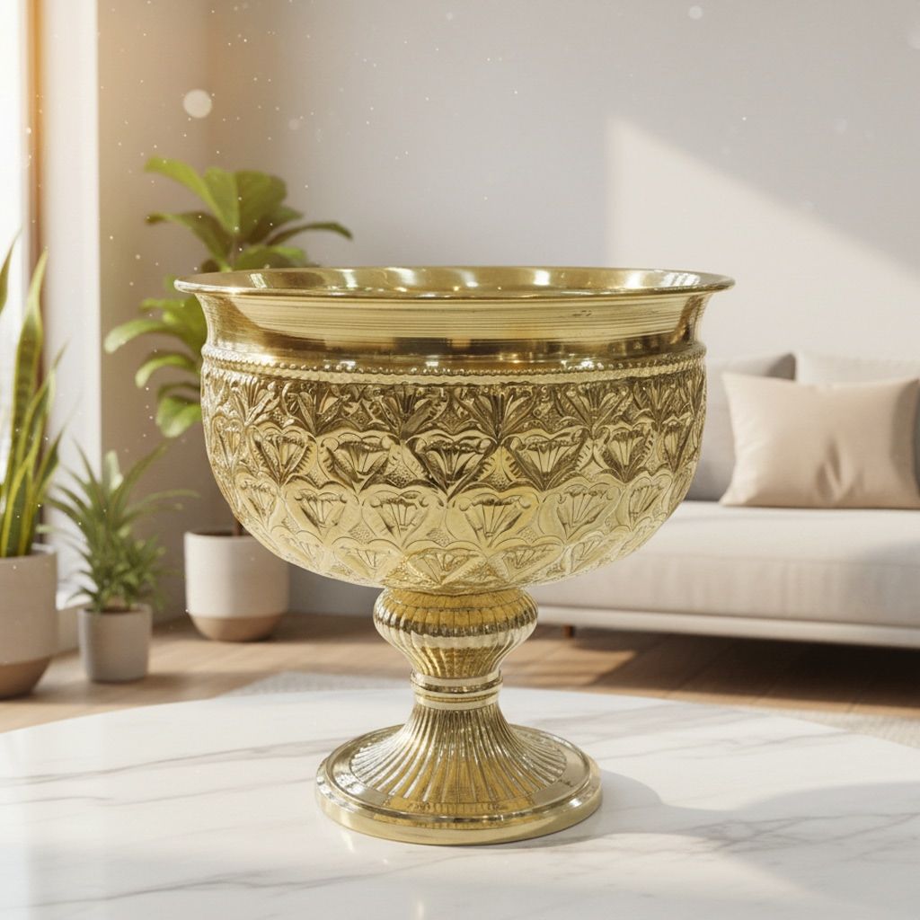 Brass Decorative Bowl With Stand | Handmade Indian Home Decor, Height : 8 Inch (ATMAS073 D)