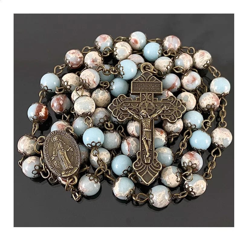 Natural Agalmatolite 8 mm Beads with Antique Bronze Plated Jesus Nazarenus Cross Catholic Rosary for Prayer