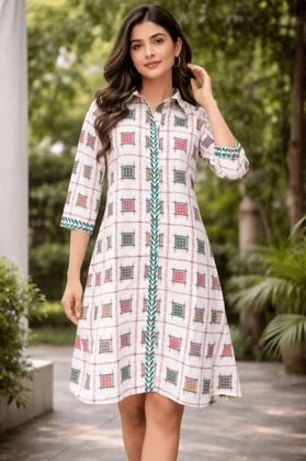Bivabari Sambalpuri Handloom Cotton Dress | Off-White | L | Ikat Pattern, Collared, Lined | Ethnic Casual Bivabari Sambalpuri Handloom Cotton Dress | Off-White | L | Ikat Pattern, Collared, Lined | Ethnic Casual