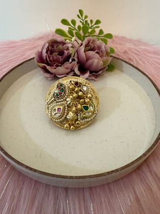Smitam Jewels Rani Adjustable Ring Kundan Bead Gold Tone Panchi Statement Ring