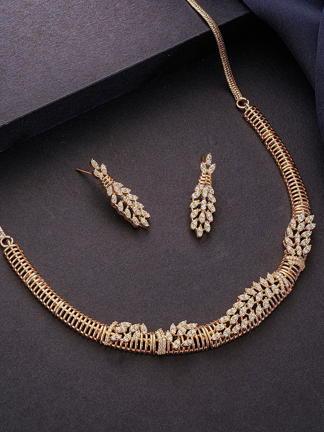 Gold Plated CZ Leaf Motif Delicate  Necklace Jewellery Set