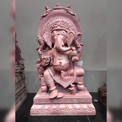 Lord Ganesha on Singhasana Special Red Stone Statue Lord Ganesha on Singhasana Special Red Stone Statue