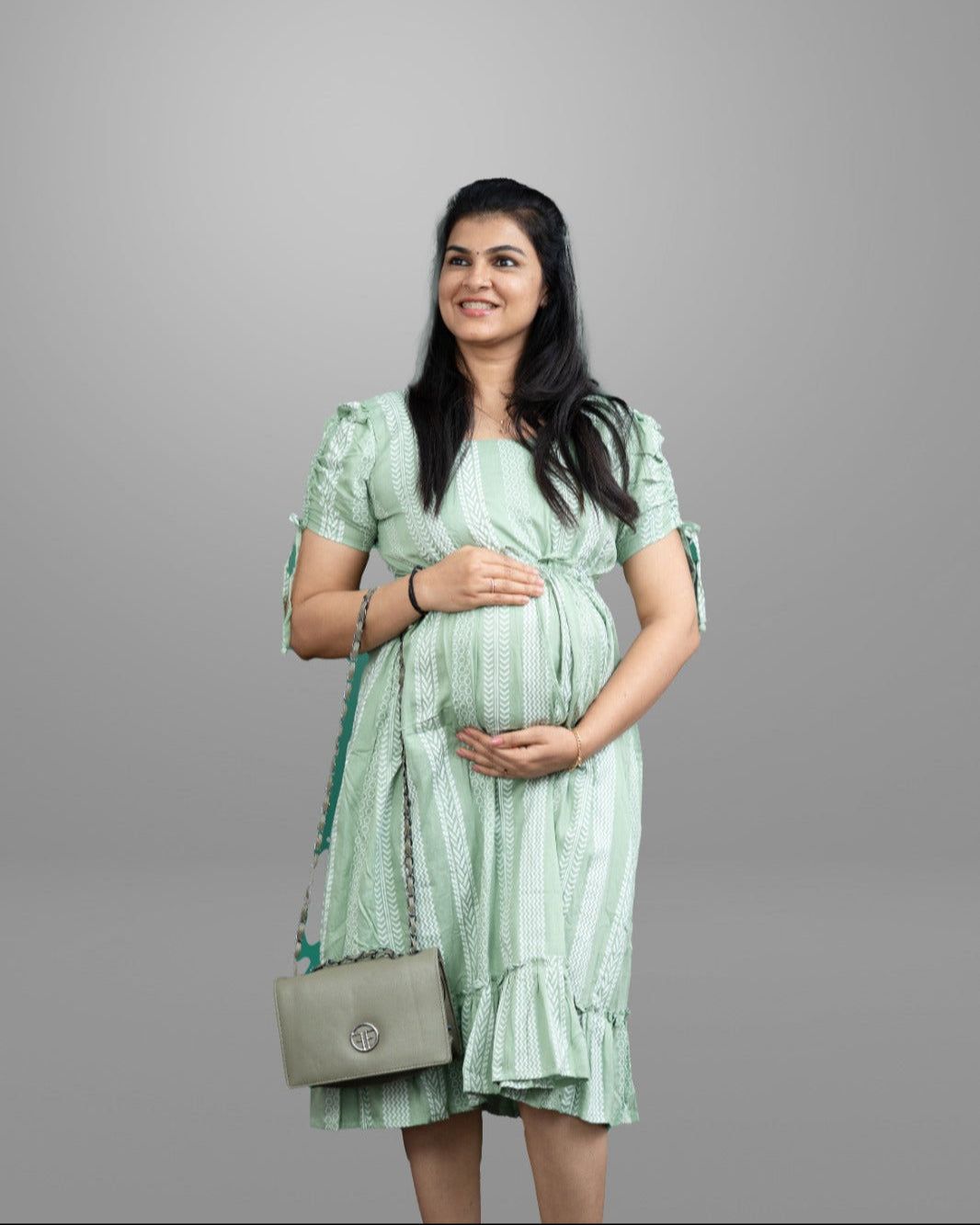 Pastel green white printed dress with adjustable waist band - Sleeveless
