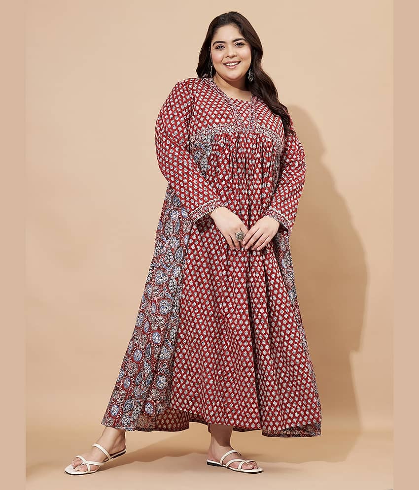 Vbuyz Women Cotton Printed Fit & Flare Dress ( Maroon )