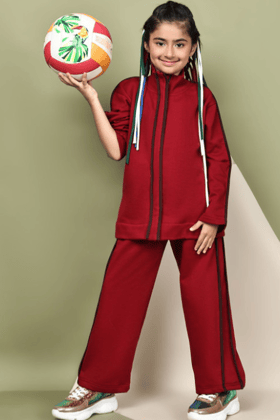 Girls Mock Collar High-Rise Regular Track Suit with Contrast Piping Girls Mock Collar High-Rise Regular Track Suit with Contrast Piping