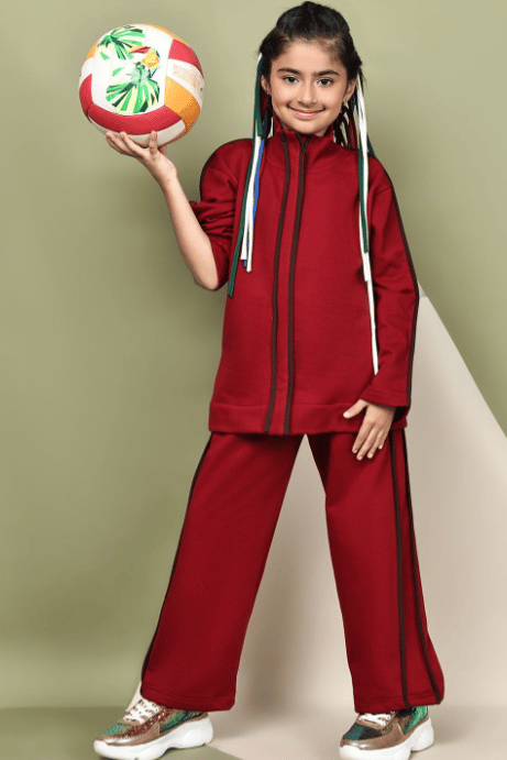 Girls Mock Collar High-Rise Regular Track Suit with Contrast Piping