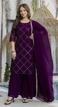 Vaidehi Fashion Wine Fox Georgette Embroidered Kurta Set with Dupatta Embroidered Kurta, Trouser/Pant & Dupatta Set
