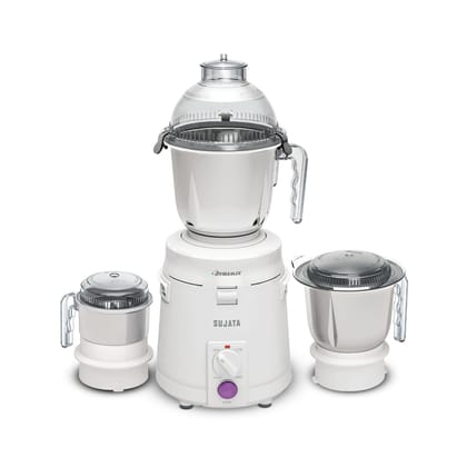 Sujata Dynamix Mixer Grinder|900 Watts Double Ball Bearing Motor|22000 RPM|Non-Stop 90 Mins Running|3 Food Grade Steel Jars including 1500ml Multipurpose, 1000ml Grinder, 500ml Chutney Jar (White) Sujata Dynamix Mixer Grinder|900 Watts Double Ball Bearin