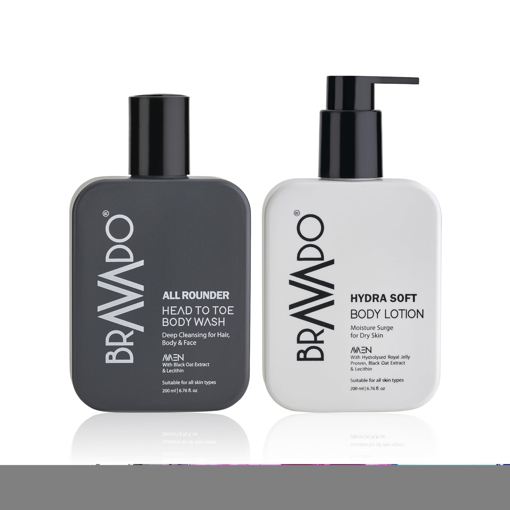 BRAVADO Hydrating Body Care Set, All Rounder Head to Toe Body Wash and Hydra Soft Body Lotion |Deep Cleansing, Moisturizing,Anti-Ageing, Sun Protection,Shower Gel,Facewash, Hair Wash-Pack of 2 | 400ml