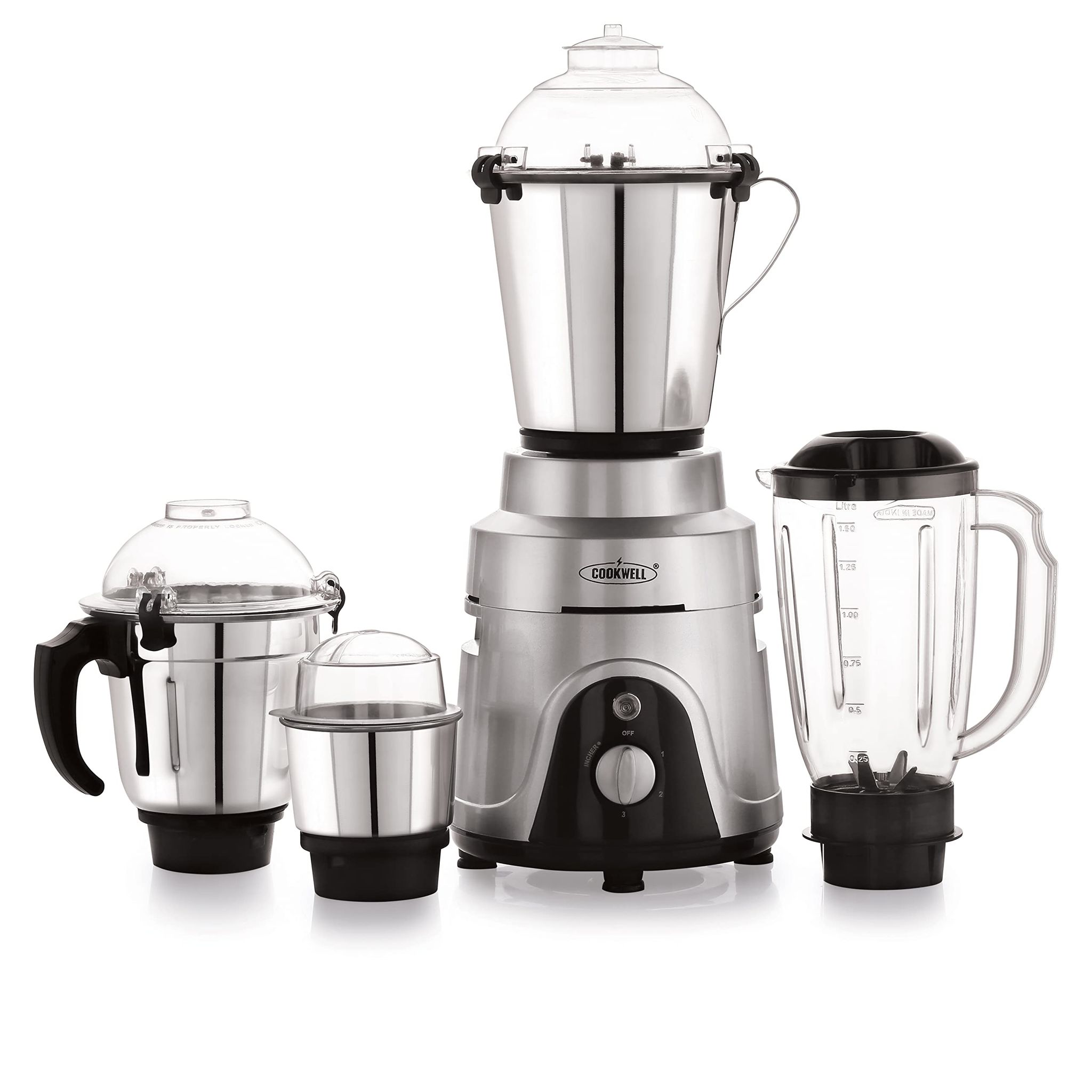 Cookwell Commercial Mixer Grinder 1200W For Cafe, Restaurants, Heavy Homes, Hotels, Canteens (4 Jars), Silver Cookwell Commercial Mixer Grinder 1200W For Cafe, Restaurants, Heavy Homes, Hotels, Canteens (4 Jars), Silver - Silver / 4 Jar