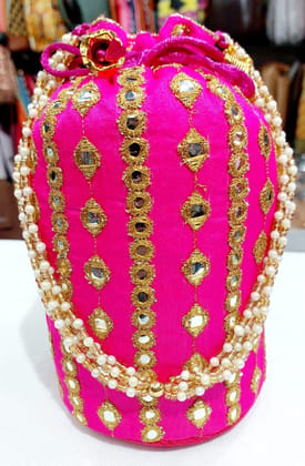 Embroidered Pink Potli Bag with Pearl Chain for Women Embroidered Pink Potli Bag with Pearl Chain for Women