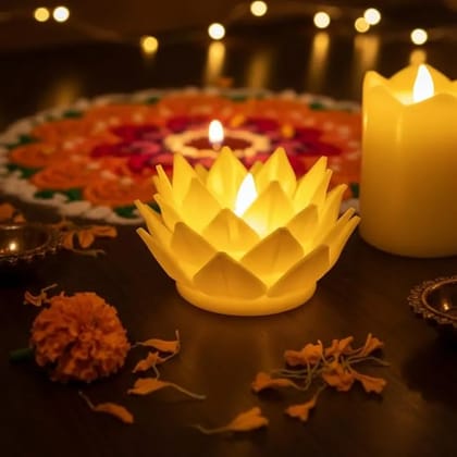 Lotus Tea Light Candle Holder 9.5cm x 9.5cm  3D Printed PLA Decorative Diwali Lantern Accent for LED Tea Lights and Votive Candles - with LED Light Free