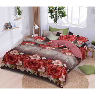 BLACK BEE  Red rose print double bedsheet with 2 Pillow Covers (208 X 213 cm)(BS32-05)