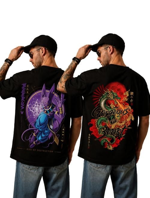 The Retro India Combo Pack of 2 Oversized Graphic T Shirts for Men, Black Cotton Half Sleeve Ninja & Bat Man Print Tees