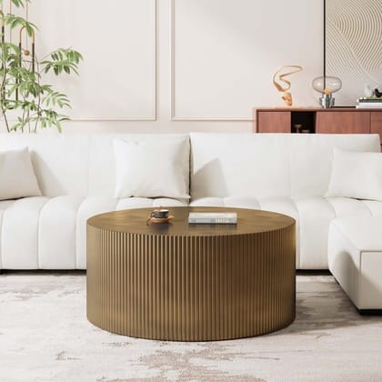 Wood Gold Round Drum Coffee Table