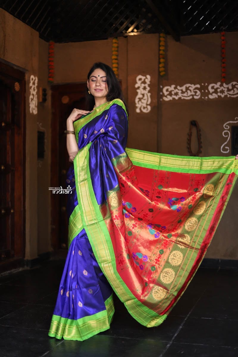 Utsaav ~ Pure Silk Handloom - Maharani Paithani in Royal Blue with Lime Green Border