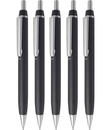 UJJi Black Color Click on and Off Matte Finish Body Pack of 5 Retractable (Blue Ink) Metal Ball Pen