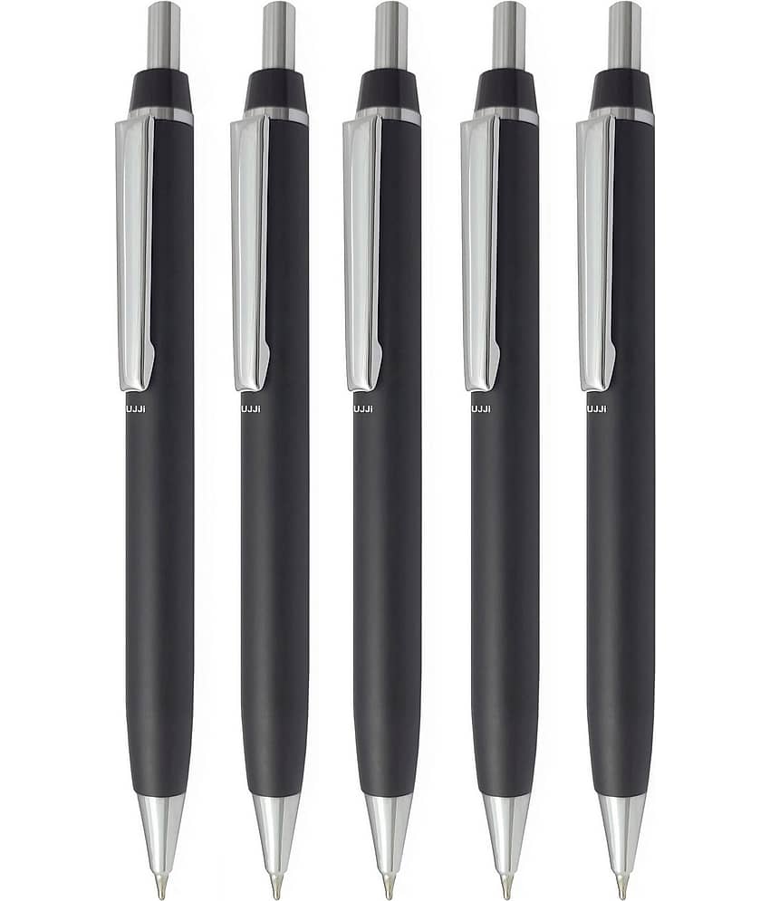 UJJi Black Color Click on and Off Matte Finish Body Pack of 5 Retractable (Blue Ink) Metal Ball Pen