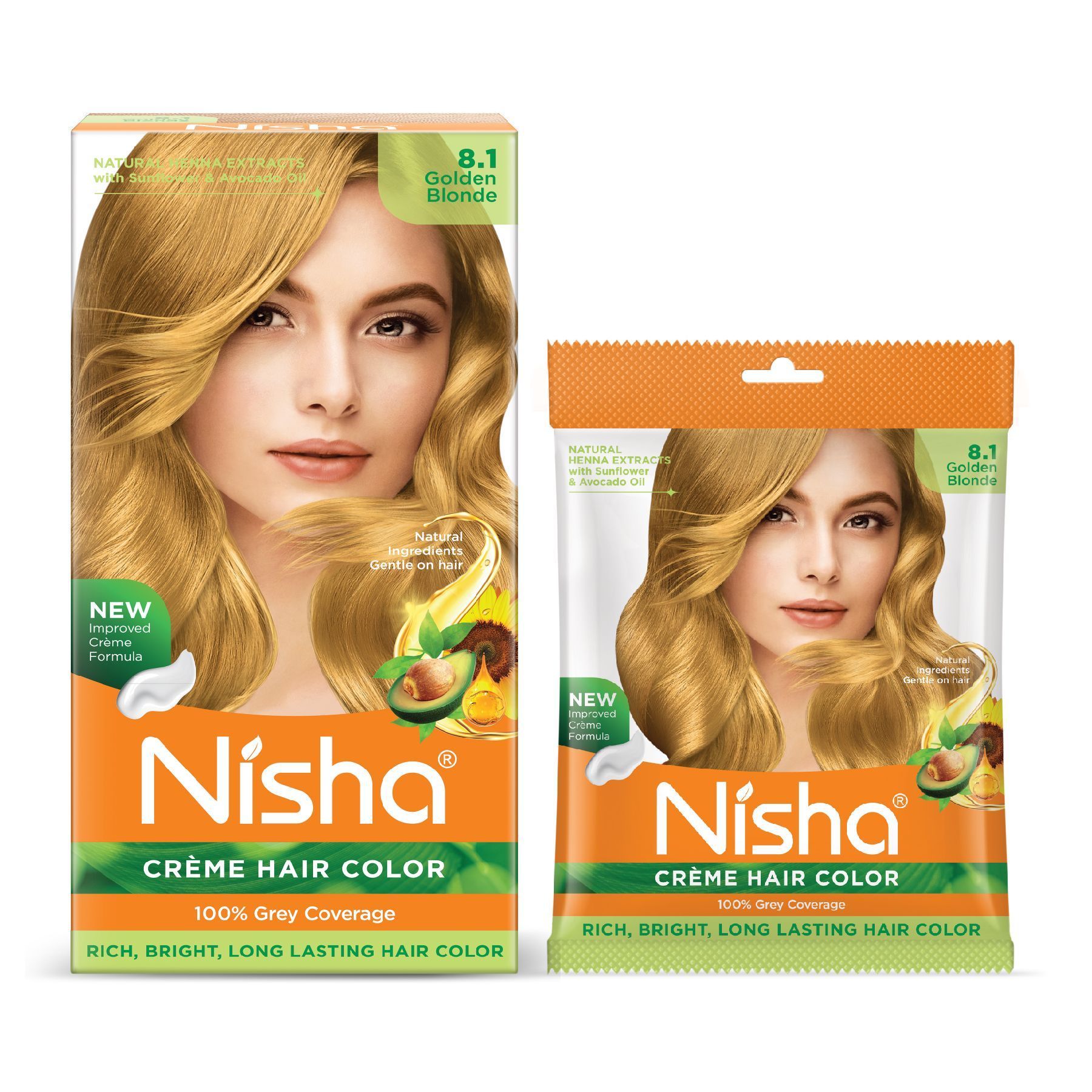 Nisha Creme Hair Color Combo Pack 8.1 Golden Blonde (120g Box & 40g Pouch), Permanent Hair Colour for Women & Men