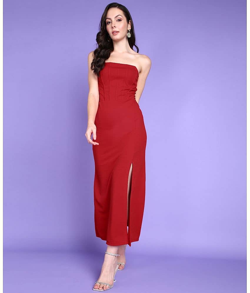 POPWINGS Women Polyester Solid Bodycon Dress ( Red )