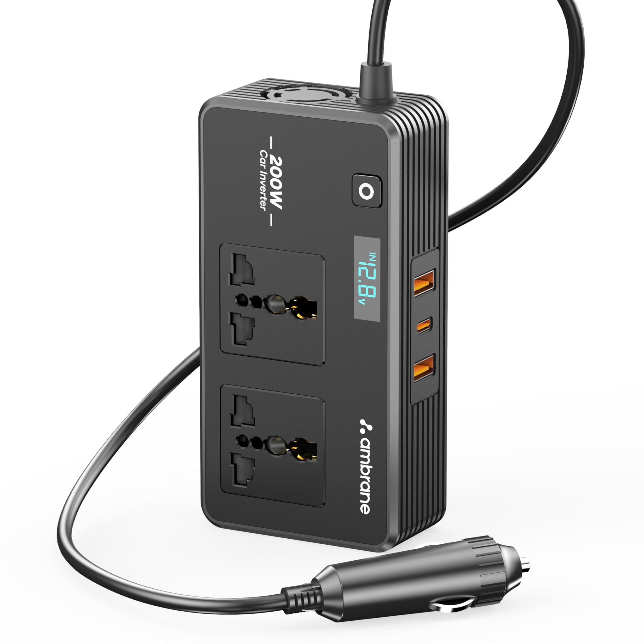 Ambrane 200W Car Power Inverter/Mobile/Laptop Charger, Charge 5 Devices, 1 Type C 33W PD, 2 USB 22.5W QC, 2 AC Universal Outlets, Safe Charging Tech For All 12V DC Socket Cars (SmartStrip Auto, Black) Ambrane 200W Car Power Inverter/Mobile/Laptop Charger