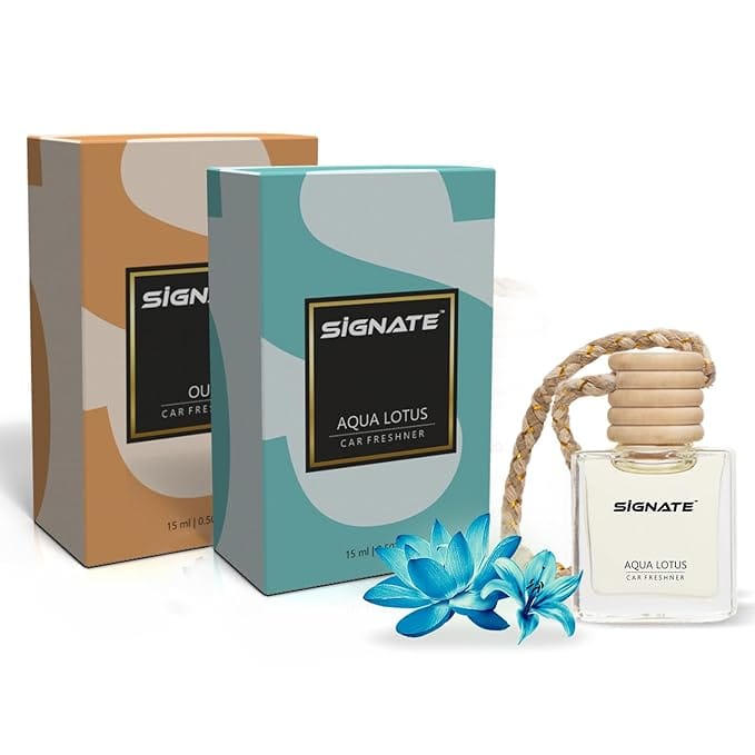 Signate Car Perfume with Natural Fragrance Essential Oils | Car Air Fresheners Long Lasting Upto 90 Days | Hanging Pod in Glass Bottle with Wooden Diffuser Lid (Aqua Lotus Air 15ML + Oud 15ML)
