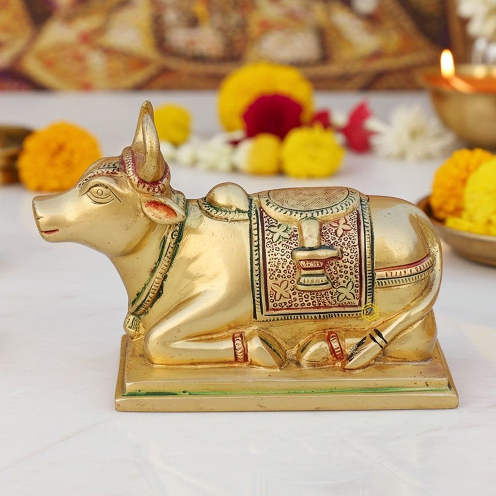 Brass Nandi Idol - Lord Shiva Vehicle Showpiece, 4, Height : 4.5 Inch (BSMAS1532 C)