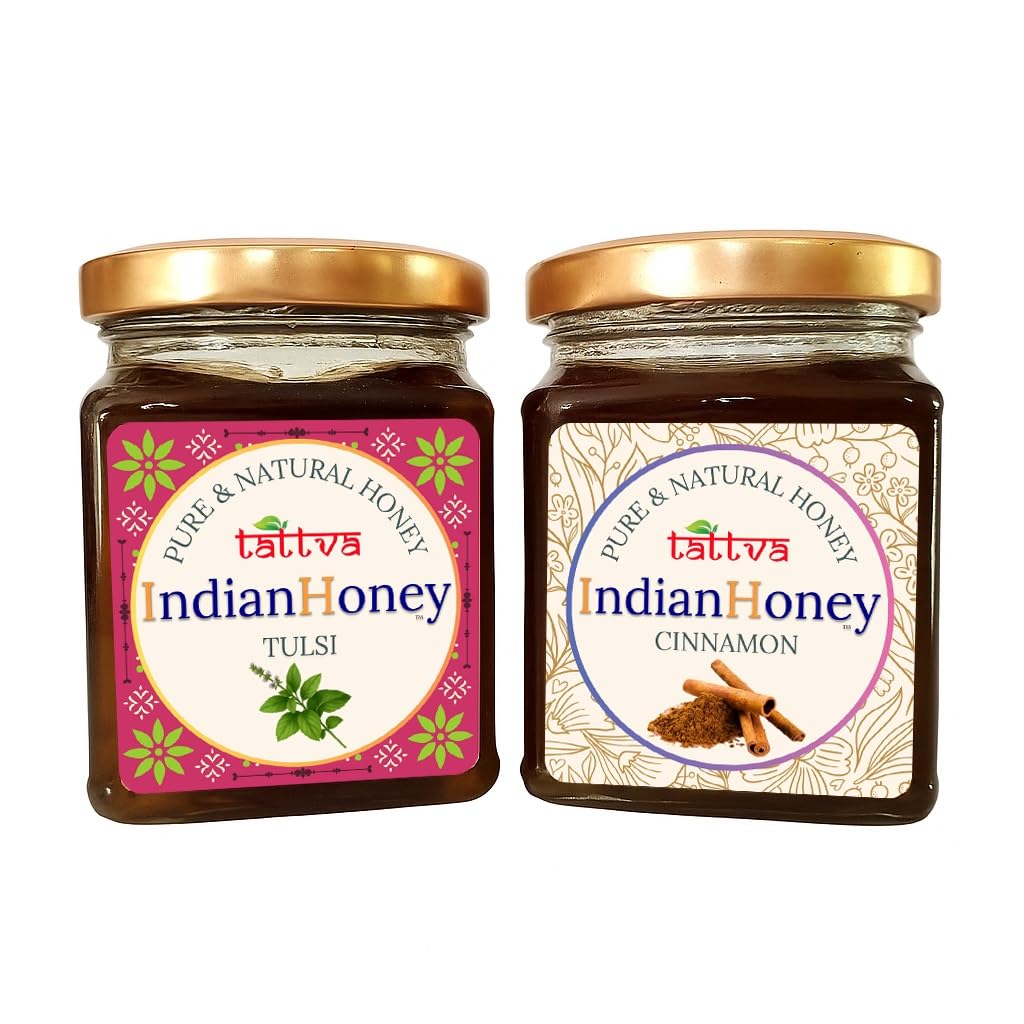 IndianHoney Metabolic & Warming Cinnamon Infused Honey & Ayurvedic & Stress-Relief Tulsi Infused Honey Combo Pack (230gm & 230gm)