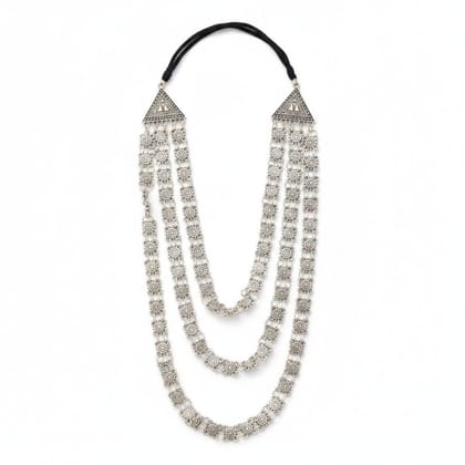 Triple Layered Oxidised Silver-Toned Ethnic Necklace