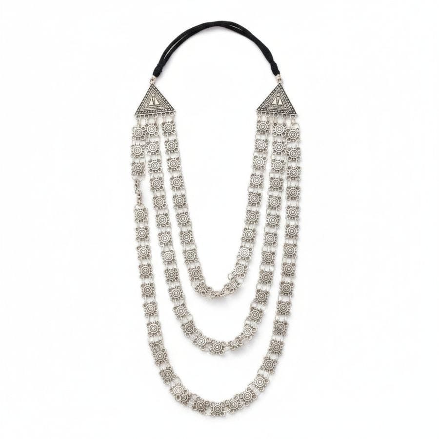 Triple Layered Oxidised Silver-Toned Ethnic Necklace