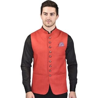 PrintCulture Men Solid Red Cotton Blend Nehru Jacket