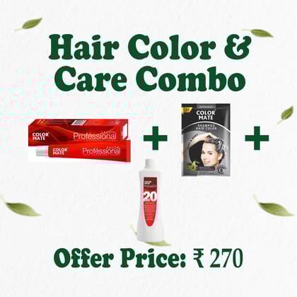Color Mate Professional Hair Color Combo – 4 x Shampoo Color (15ml), Cream Color (80g – Natural Black 1.0) + 6% Developer (250ml) | Ammonia-Free | Salon-Grade Grey Coverage