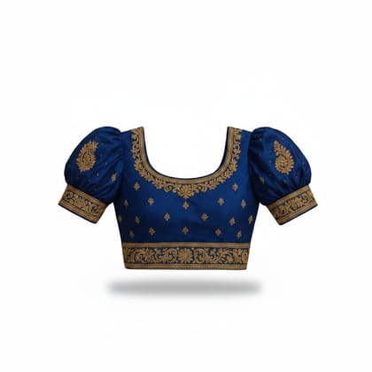 Women's Blue Embroidered Puff Sleeve Blouse