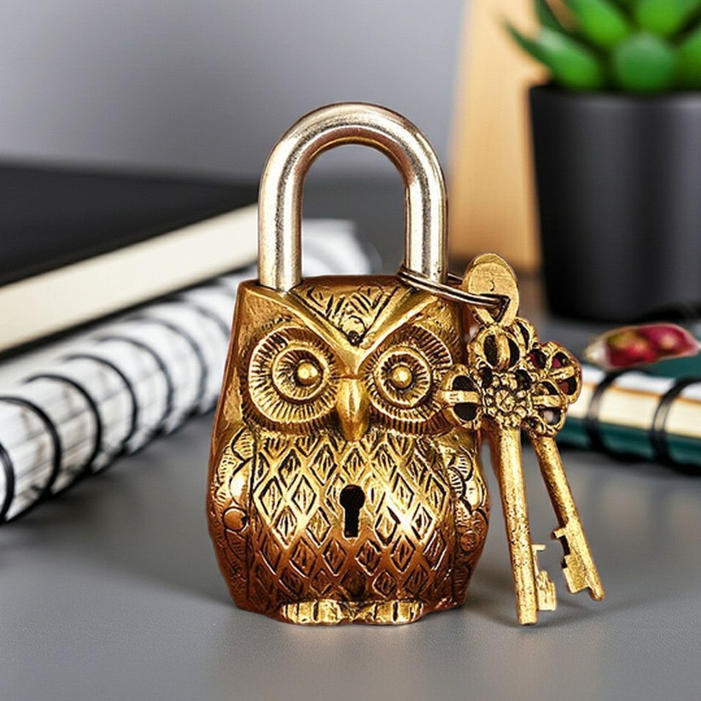 Brass Showpiece & Working Owl Shape Lock  - Artistic Brass Showpiece & Functional Lock, Height : 4.5 Inch (BSMAS1486 B)
