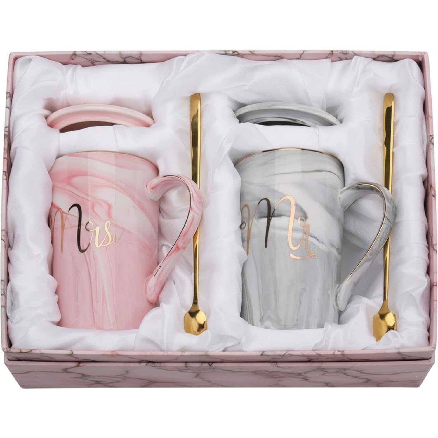Coffee Mug, Marriage Gifts for Wedding, Wedding Present for Couples, Mugs for Present, Diwali Gifts, Mr & Mrs Set of 2 Coffee Mugs, Lids, Golden Spoon & Beautiful Gift Box (380ml-Ceramic)