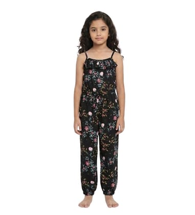 Girl's Rayon Floral Sleeveless Jumpsuit (Black-Pink, 2-3-Yrs)-PID66087