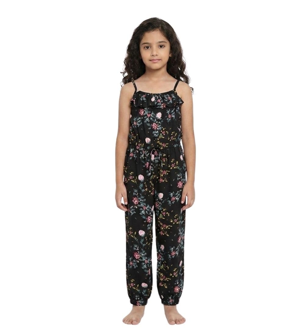 Girl's Rayon Floral Sleeveless Jumpsuit (Black-Pink, 2-3-Yrs)-PID66087
