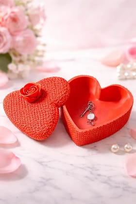 Knitted Heart Jewellery Box with Rose  Red