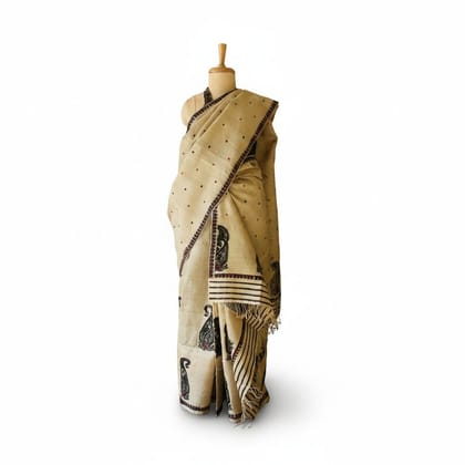 Traditional Beige Hand-Woven Block Print Saree