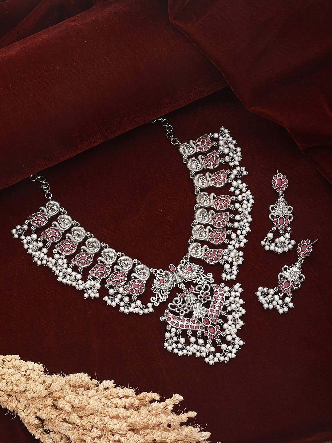 Oxidised Silver Toned Antique Temple Peacock Design Choker Jewellery set