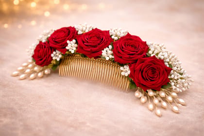 Artificial Rose with white Parag  and Pearls Hair Brooch.