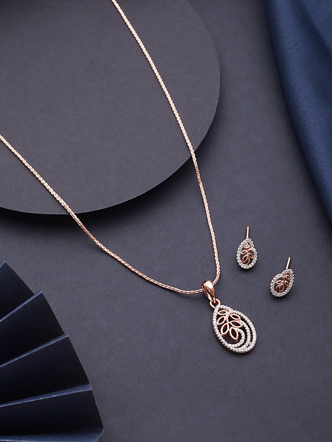 Rose Gold Plated AD Studded Minimal Locket Jewellery Set