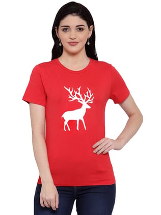 Women's Cotton Blend Deer Printed T-Shirt L (Red)
