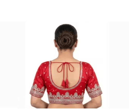 Red Silk Blend Embroidered Sweetheart Neck Elbow Sleeve Back Tie-Up Blouse for Women
