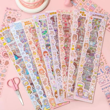 Cute Cartoon Decorative PET Sticker Sheets Assortment (Multicolor, Pack of 8) | Waterproof & Die-Cut | Journaling & Crafting