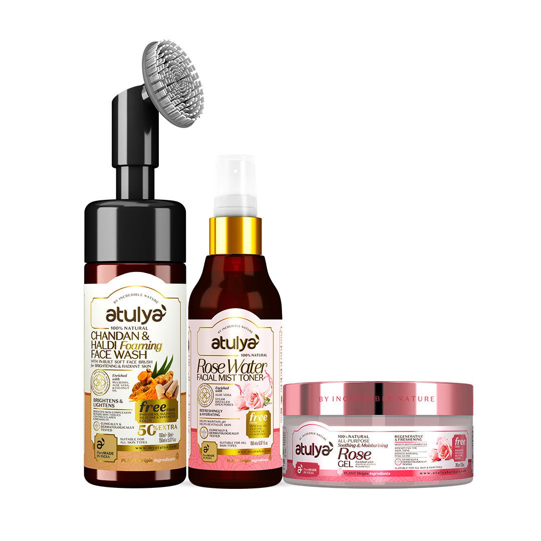 Atulya Haldi & Chandan Foaming Face Wash + Rose Water Toner + Rose Gel Combo