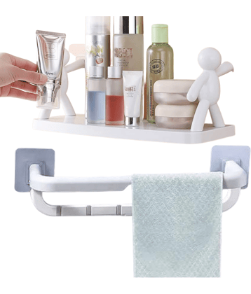 BLUE HOME AND KITCHEN Plastic Self Adhesive Wall Mounted Bathroom Shelf and Foldable Towel Bar (Pack Of 2)