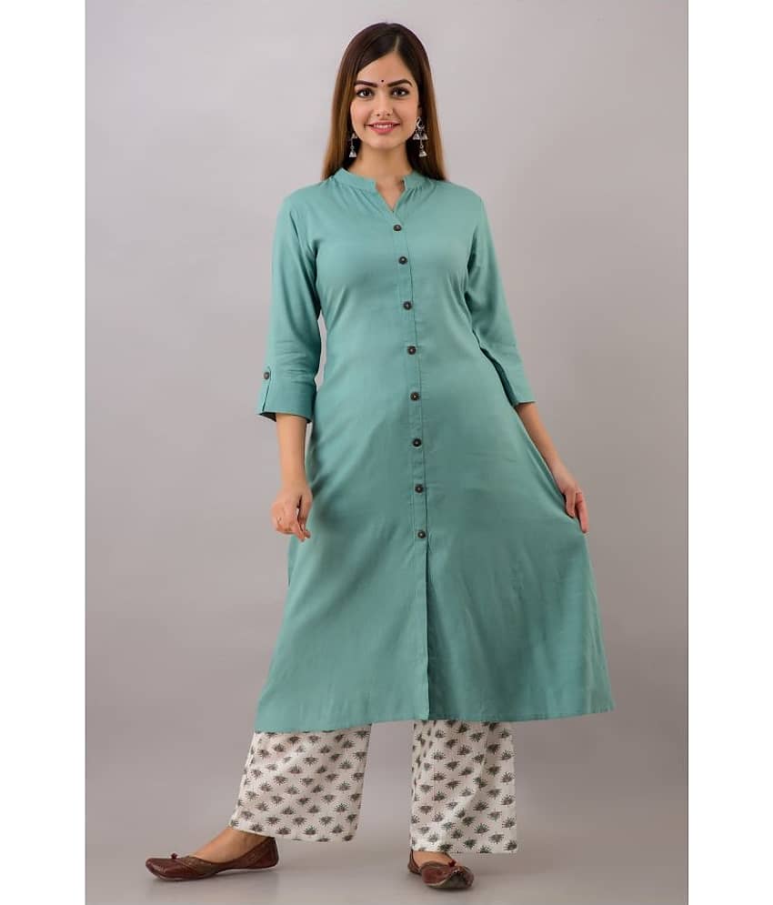 MAUKA - Turquoise Front Slit Rayon Women's Stitched Salwar Suit ( Pack of 1 )